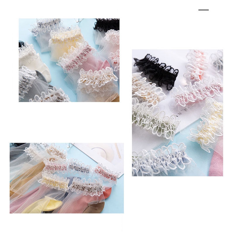 Flocoral Flowers Lace Decor Ladies Socks Transparent Thin Crystal Silk Elastic Cotton Sole Elegant Women Ankle Socks New Girls Hosiery