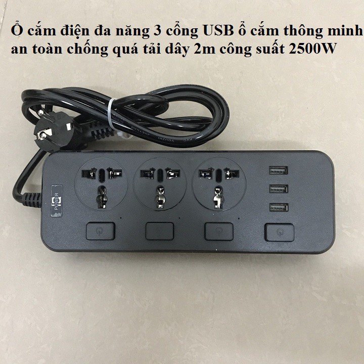 Ổ cắm điện thông minh 2500w Hỗ trợ sạc nhanh 3.1A/ Ô Cẳm Điện Đa Năng + Cổng USB tặng kèm hộp