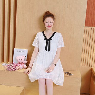 Đầm (Váy) Bầu Kiểu Dáng Hàn Quốc Ren Phối Nơ