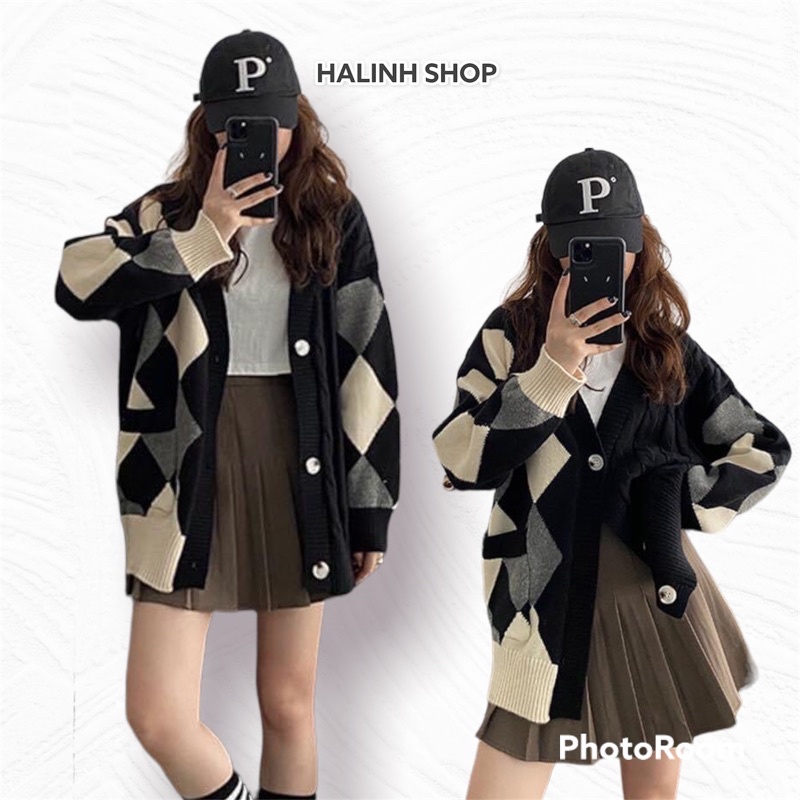 Áo Cardigan Len Nữ - Halinh Shop - Áo Khoác Len Dài Tay Trám Đen Phối Màu Hàng Quảng Châu Size S M