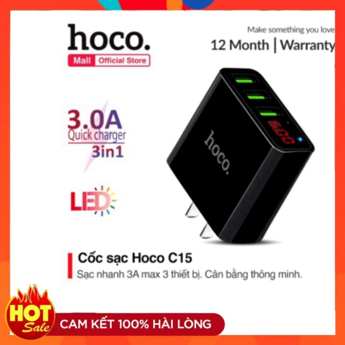Củ Sạc Nhanh 3 Cổng USB, Màn Hình LED HO CO C15.Củ Sạc Ho co C 15 (BẢO hÀNH 12 Tháng) (THẢO PHI CAM KẾT CHẤT LƯỢ