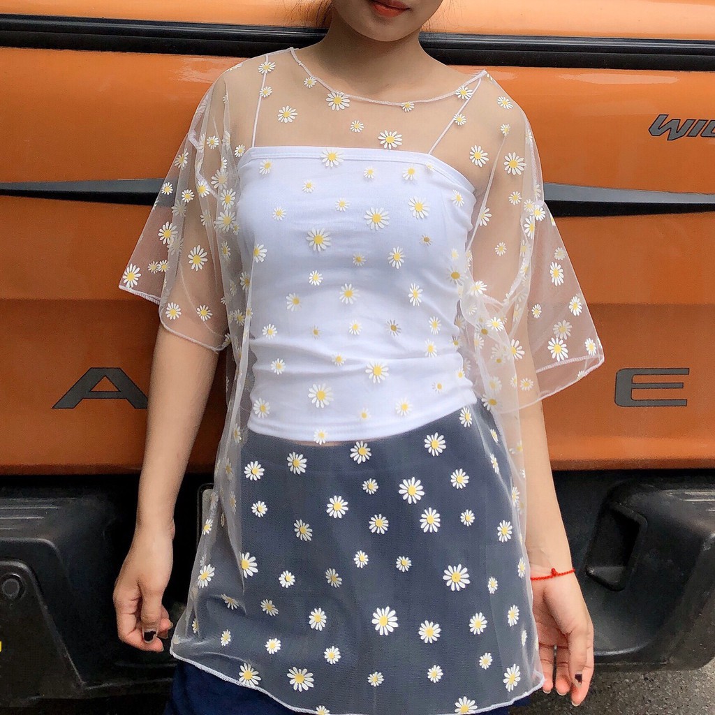 ÁO LƯỚI HOA CÚC ULLZANG TAY LỠ - SET ÁO REN DAISY + ÁO QUÂY 2S - ÁO CHOÀNG LƯỚI HOA CÚC