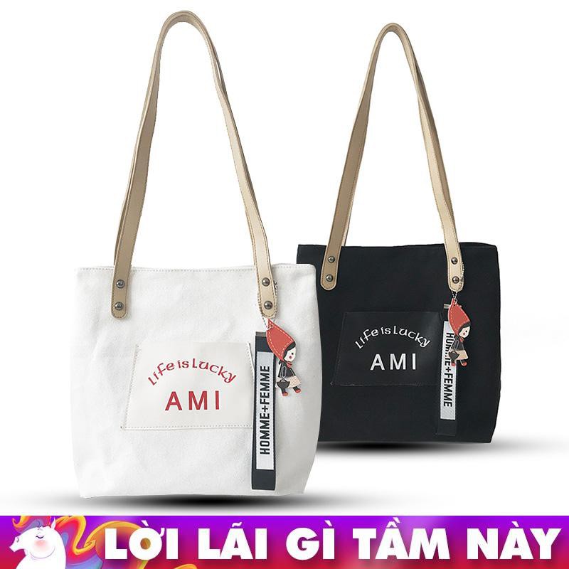 TÚI VẢI TOTE PHỐI DÂY DA TẶNG MÓC TREO AMI P1046