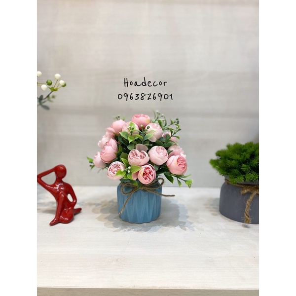 Chậu hoa giả, hoa lụa mini để bàn trang trí decor, làm quà tặng siêu đáng yêu