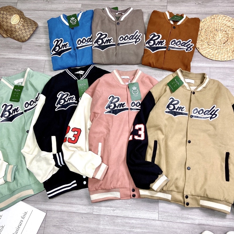 Áo Bomber Nhung Tăm 2 Lớp Áo Khoác Bóng Chày Thể Thao Số 23 Dáng Thụng Rộng