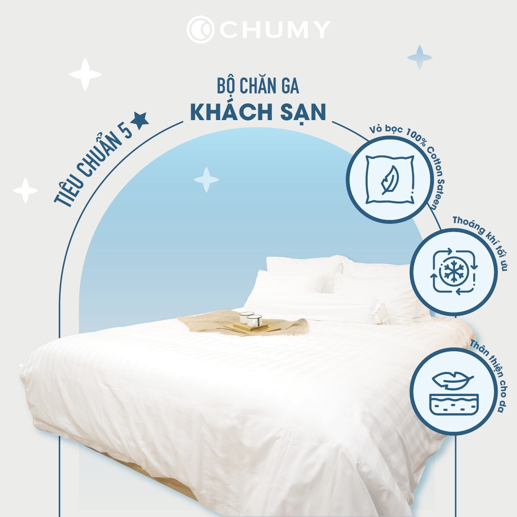 Bộ chăn ga trắng CHUMY kèm chăn, chất liệu cotton sateen 100%, mật độ sợi T400 tiêu chuẩn khách sạn 5 sao