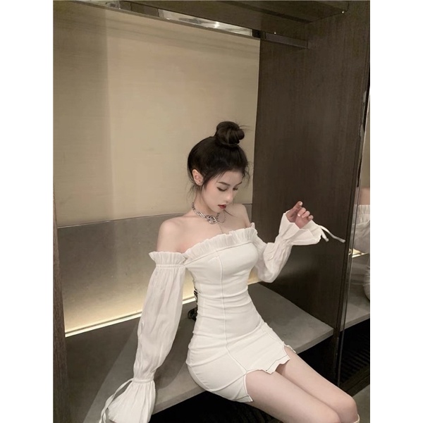 SẴN🎀Đầm trắng trễ vai ôm body xẻ đùi sang chảnh sexy quyến rũ đi tiệc/Váy tiểu thư tay lụa thắt nơ ulzzang công chúa