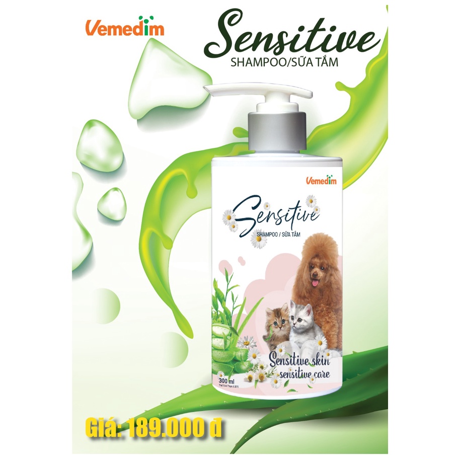 Vemedim Sensitive shampo sữa tắm dành cho thú cưng có làn da nhạy cảm, pH dịu nhẹ giảm rụng lông, chai 300ml