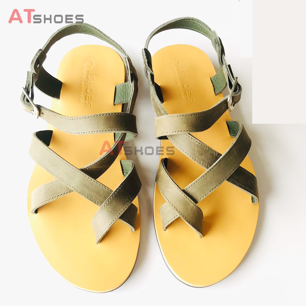 Dép Sandal Unisex cao cấp Da Bò Thật Sandal xỏ ngón nam nữ chuẩn kiểu Hàn Quốc Trẻ Trung Atshoes AT40(Rêu)