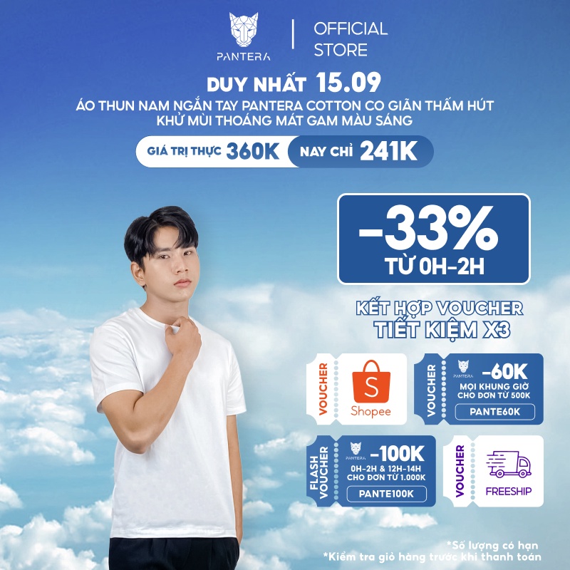 Áo thun nam ngắn tay PANTERA cotton co giãn thấm hút khử mùi thoáng mát Gam màu sáng