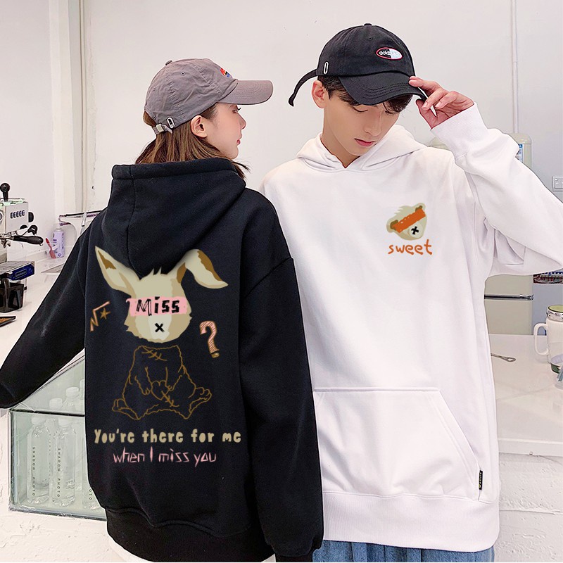 Áo khoác hoodie cặp đôi unisex nam nữ có mũ in hình GẤU THỎ cute