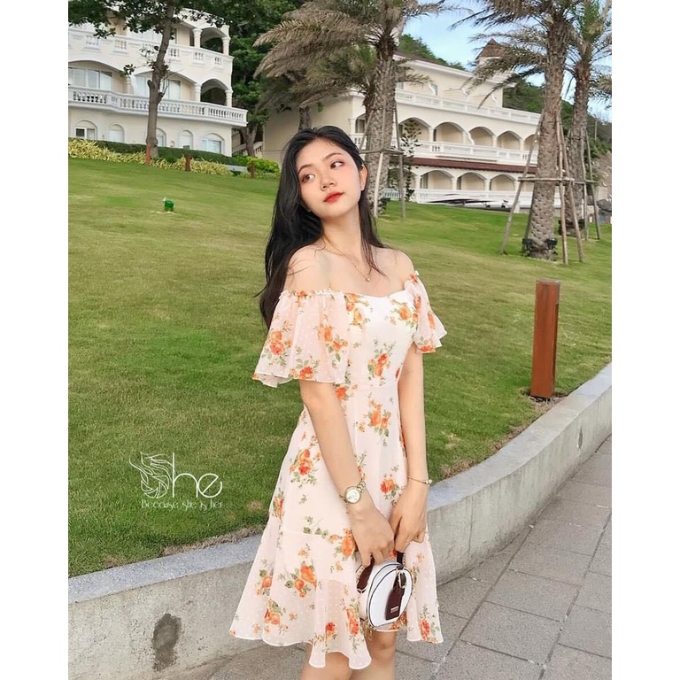 Váy hoa trắng đuôi cá She, Đầm váy hoa nhí đi biển dễ thương cho nữ SDX47