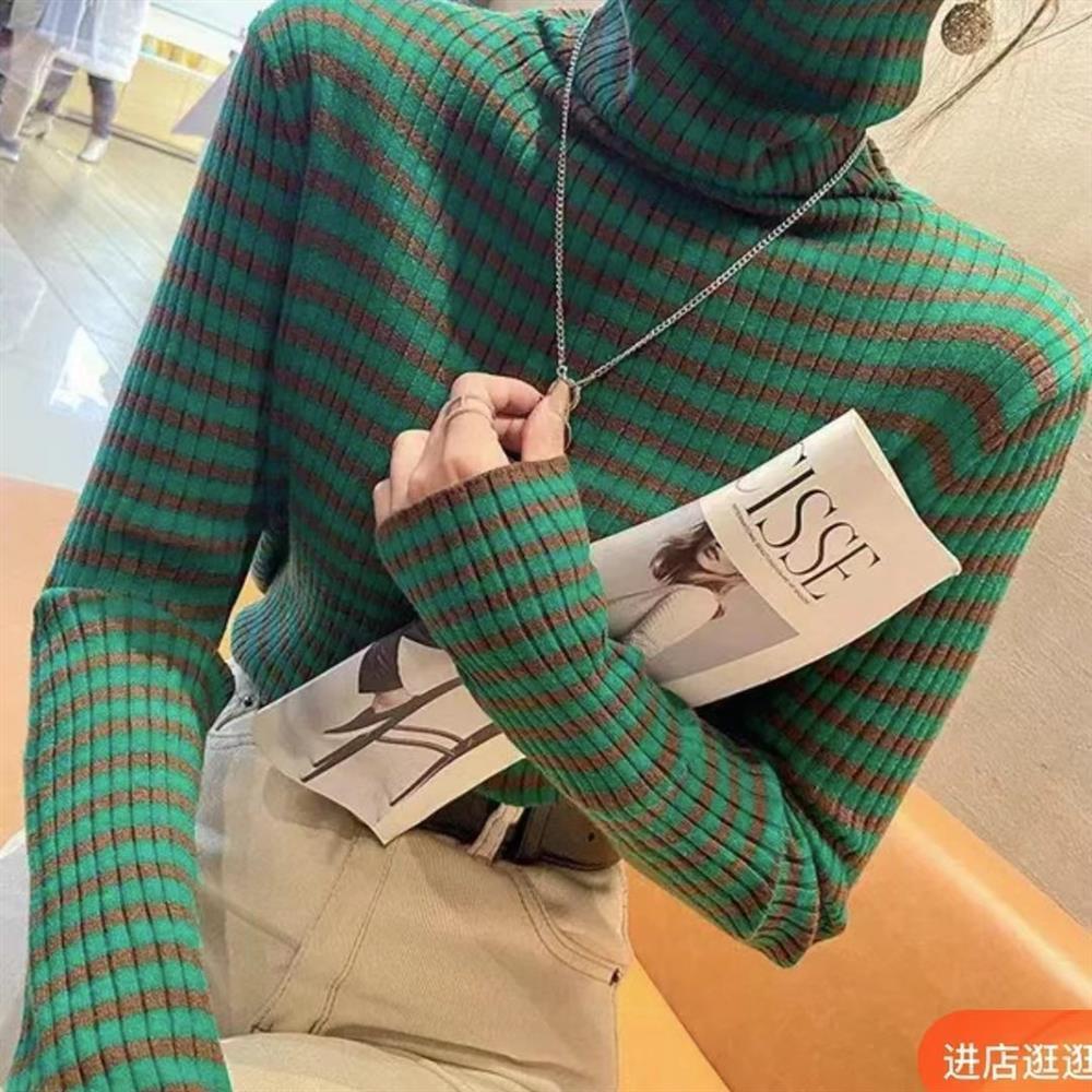 Áo Sweater Cổ Cao Ôm Dáng Mềm Mại Họa Tiết Kẻ Sọc Thời Trang Thu Đông 2023