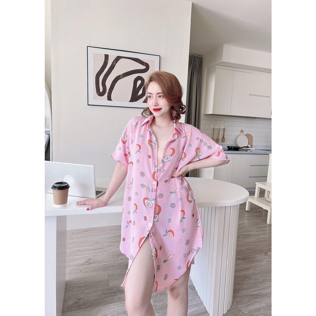 Váy ngủ sơ mi lụa bigsize sang trọng  đầm ngủ suông pizama TUTA  mặc nhà chất cao cấp thoáng mát