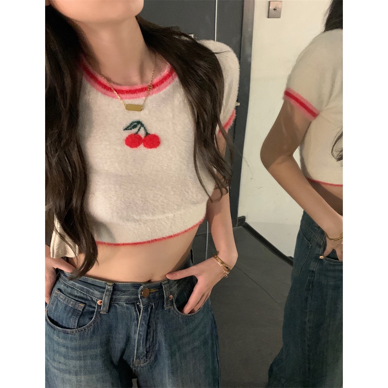 Áo Thun Tay Ngắn Phối Lông Màu Hồng Cherry Dễ Thương