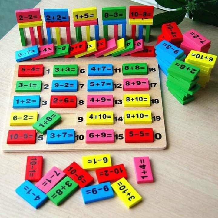 Bộ đồ dùng học toán DOMINO - 110 quân bằng gỗ, kèm que tính [Domino toán học - Ghép hình - Bộ xếp hình cho bé]
