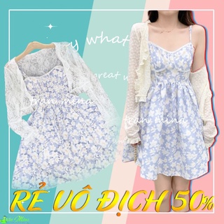 Set đầm 2 dây babydoll hoa tím kèm khoác trắng