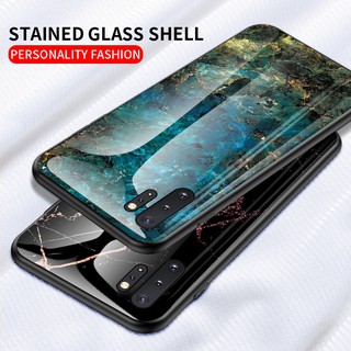 For Samsung Galaxy Note 10 Plus/10+ Glossy Marble Pattern Hard Tempered Glass Soft Frame Phone Case