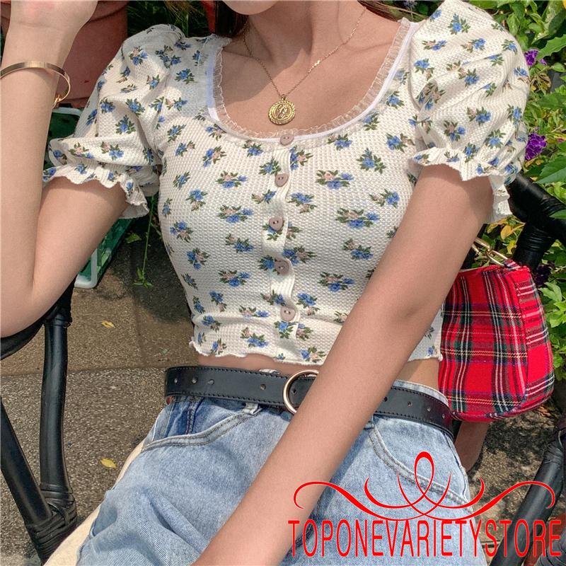Áo Croptop Tay Phồng In Hoa Thời Trang Cho Nữ