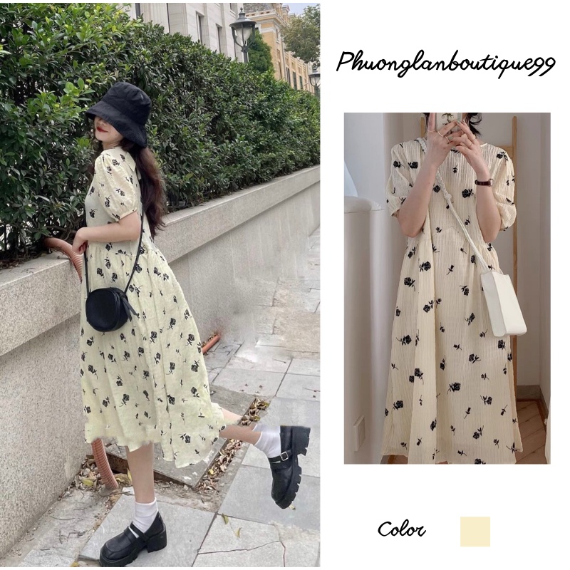 Đầm hoa nhí 🌸 Váy dài qua gối maxi tay lỡ in hình hoa hồng dành cho nữ phong cách tiểu thư PHULA Ulzzang V17