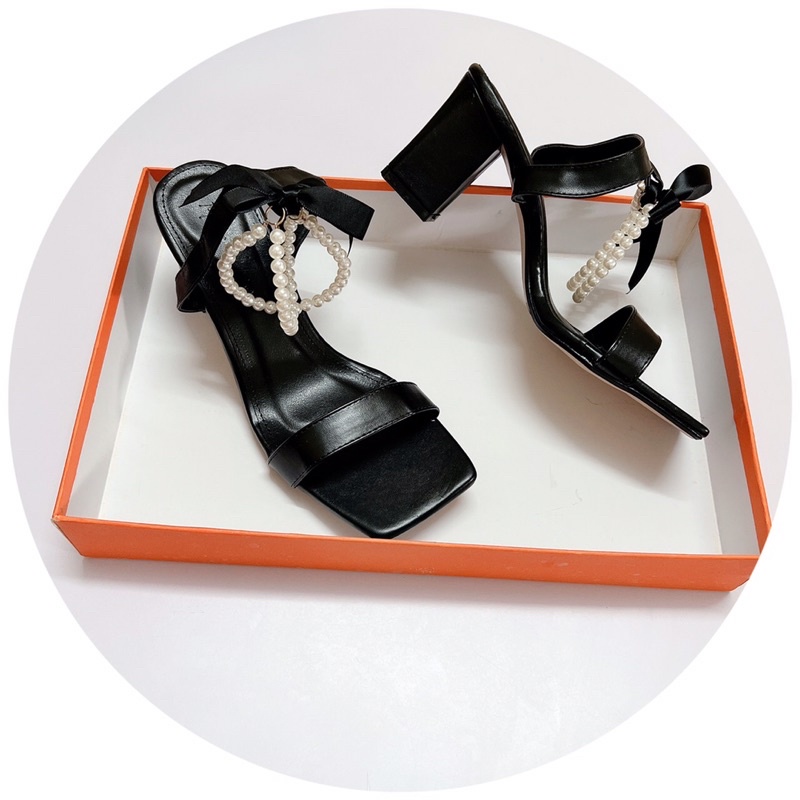[Kho buôn giày vnxk] GIÀY SANDAL QUAI NGANG GÓT VUÔNG 7p-2 VÒNG NGỌC CỔ CHÂN