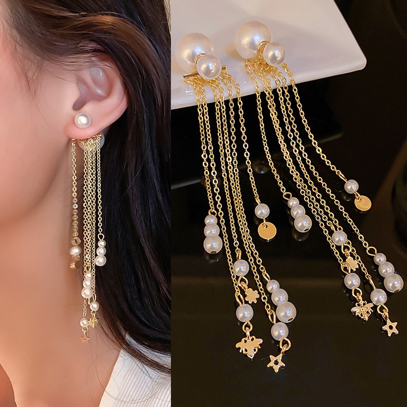 Bông Tai Bạc 925 Kiểu Dây Tua Dài Đính Ngọc Trai Thời Trang Sang Trọng