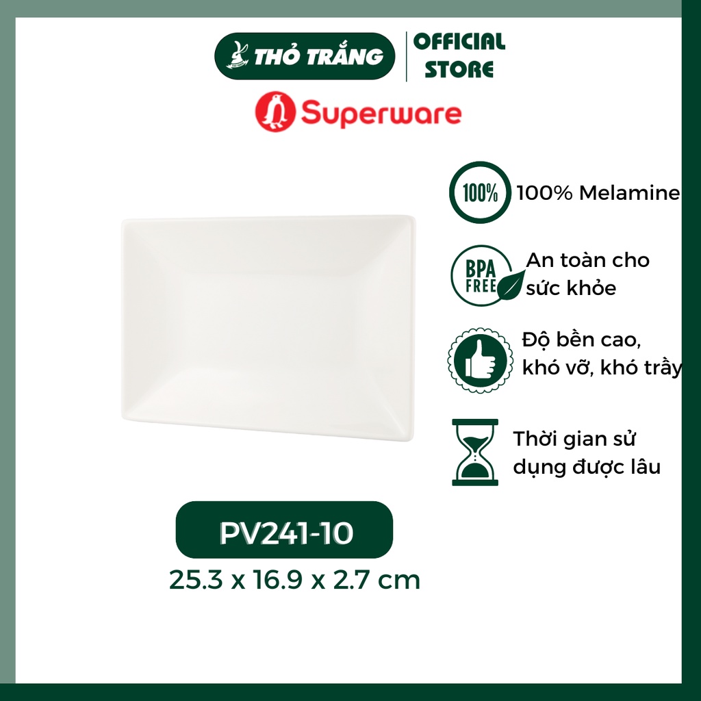 Dĩa nhựa chữ nhật cạnh vuông giả sứ Srithai Superware cao cấp - Porceline