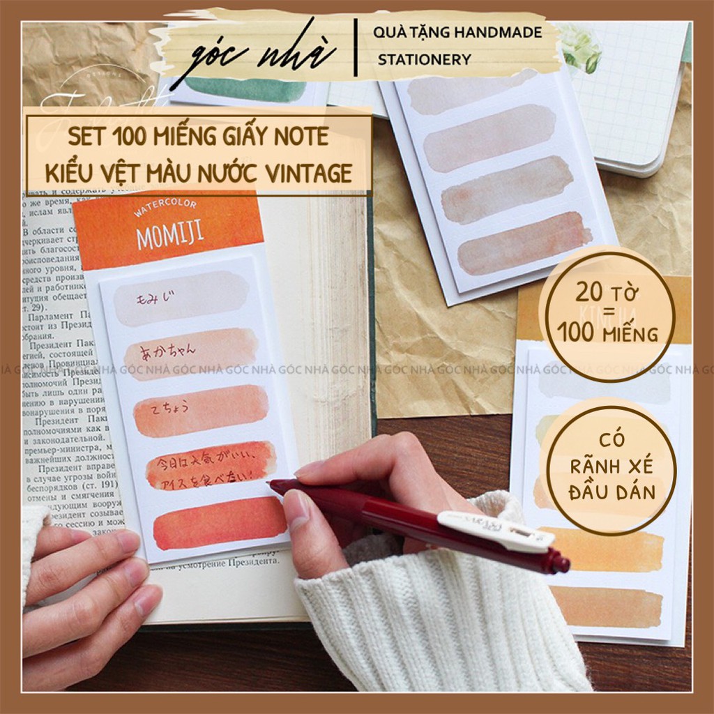 Set 100 miếng giấy note loang vệt màu nước xé dán được màu pastel vintage ghi chú trang trí sổ planner gocnha VPP013