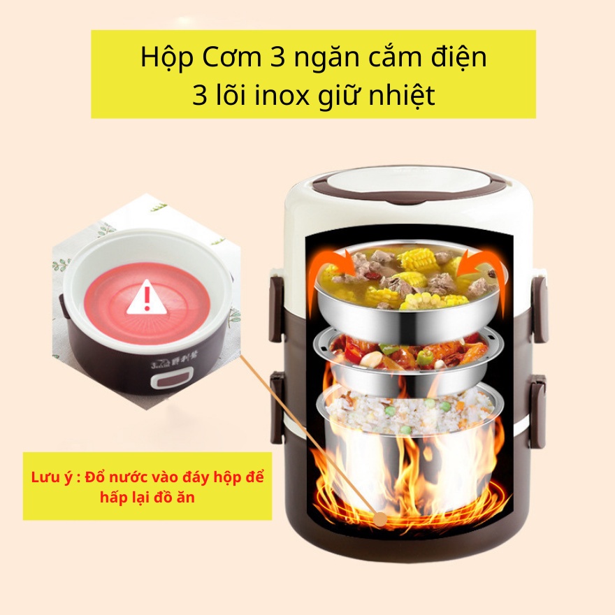 Hộp cơm cắm điện 3 tầng văn phòng - 3 khay lõi iox - hâm nóng thức ăn nhanh