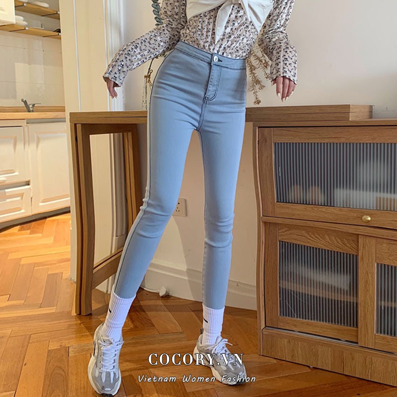 Cocory vn Quần Jean Lưng Cao Form Ôm Co Dãn Kiểu Dáng Sexy Dễ Phối Đồ