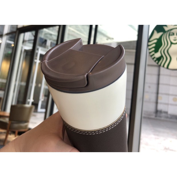 Bình giữ nhiệt Starbucks chính hãng bọc da màu nâu chống bám vân tay dung tích 500ml