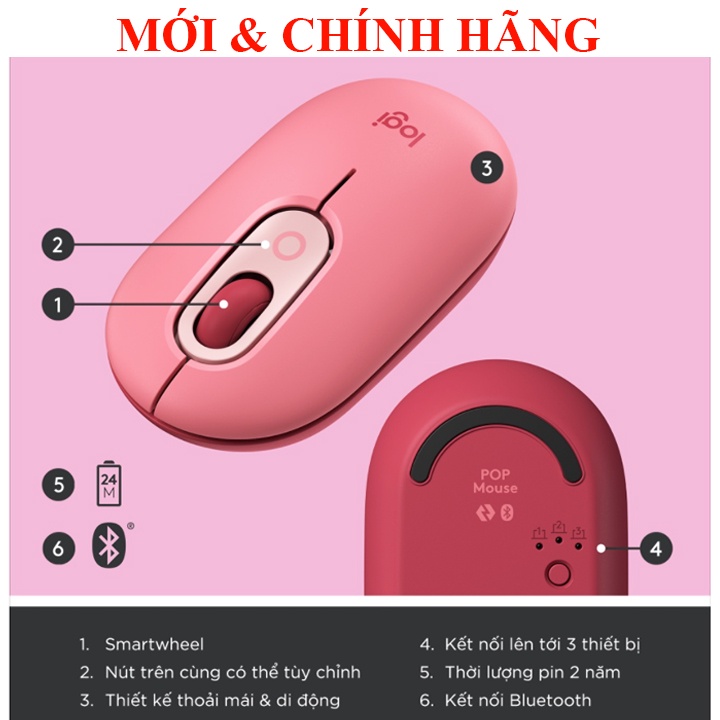 Chuột không dây bluetooth Logitech POP MOUSE giảm ồn, nút emoji tùy chỉnh, M350