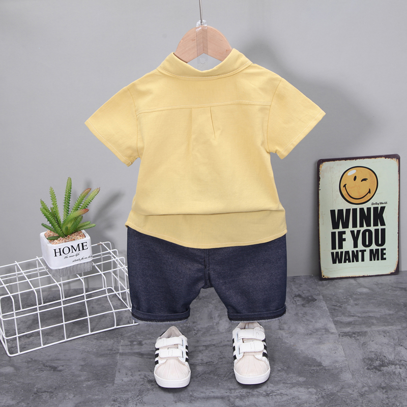 Set Áo Sơ Mi Dài Tay Cổ Lật + Quần Đùi Jeans Phong Cách Hàn Quốc Đáng Yêu Cho Bé Trai 0-5 Tuổi