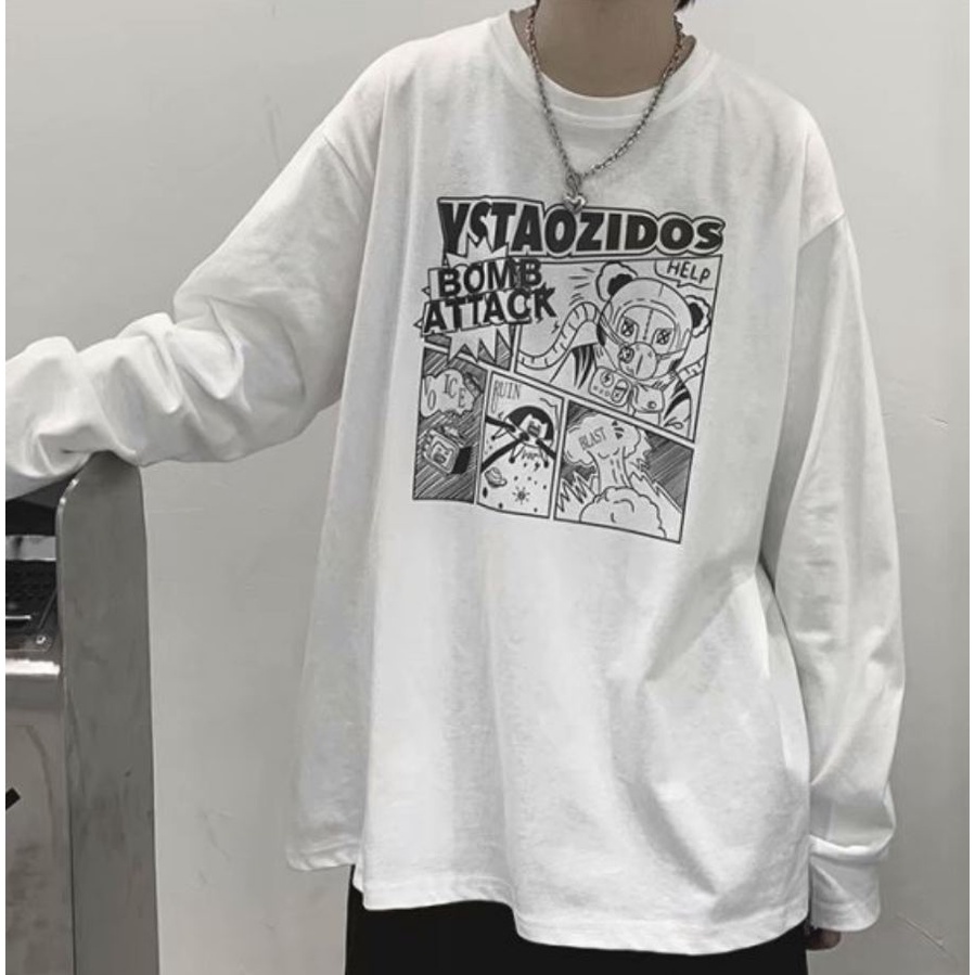 Áo thun tay dài cổ tròn in hình anime thời trang cho nam và nữ