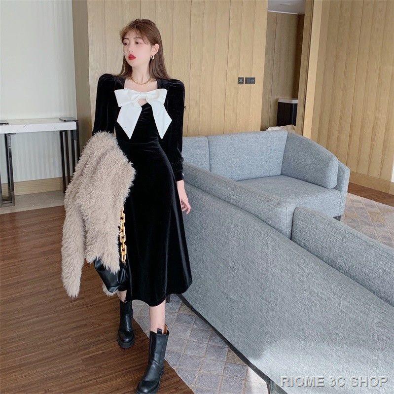 Đầm Nhung Đen Dài Tay Thắt Nơ Eo Thời Trang | BigBuy360 - bigbuy360.vn