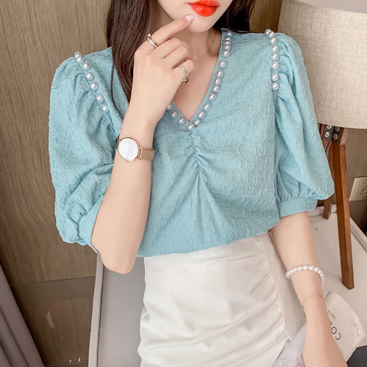 Áo Sơ Mi Voan Tay Ngắn Phồng Cổ Chữ V In Họa Tiết Hoa Thời Trang Mùa Hè Cho Nữ