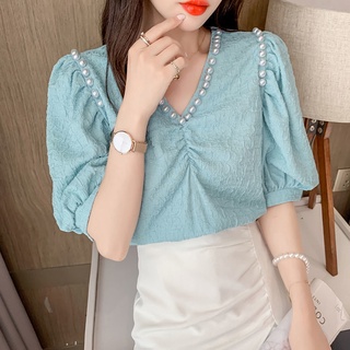 Áo Sơ Mi Voan Tay Ngắn Phồng Cổ Chữ V In Họa Tiết Hoa Thời Trang Mùa Hè Cho Nữ