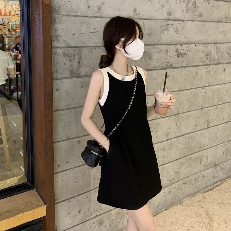 Jiashucheng Đầm Chữ A Sát Nách Ôm Eo Màu Sắc Tương Phản Thời Trang Mùa Hè Cho Nữ