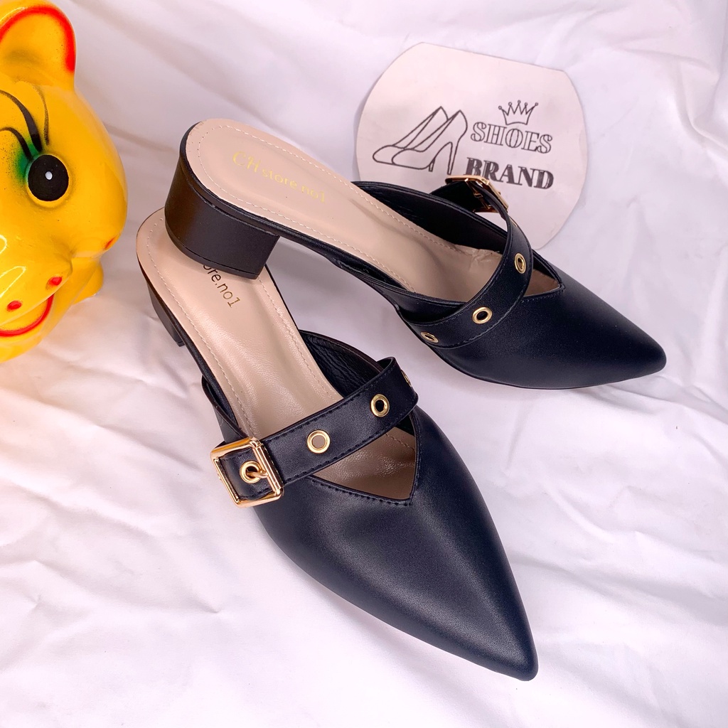 Sục mũi nhọn, giày cao gót nữ phối khóa vàng, đế vuông 5p - MÃ C07