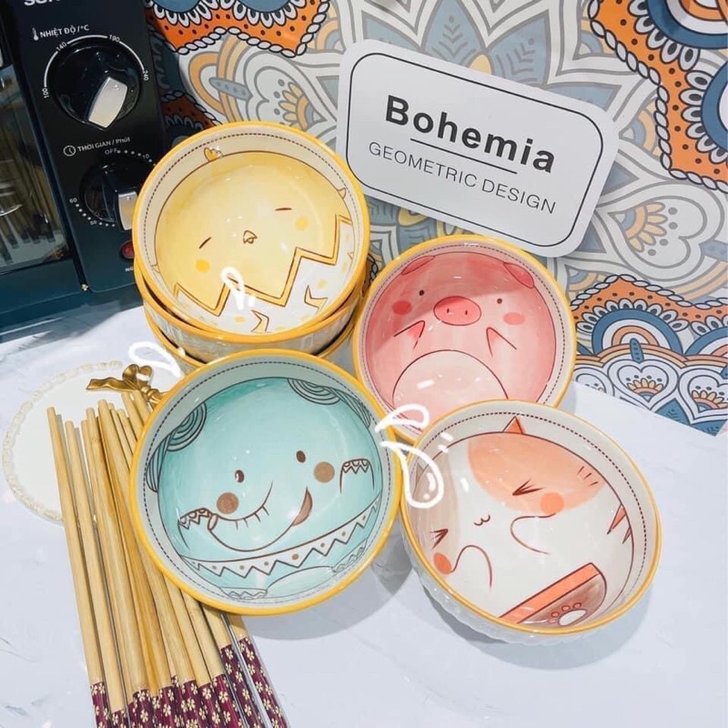 Set 6 bát 6 đũa Bohemia gốm hình ANIMAL dày dặn