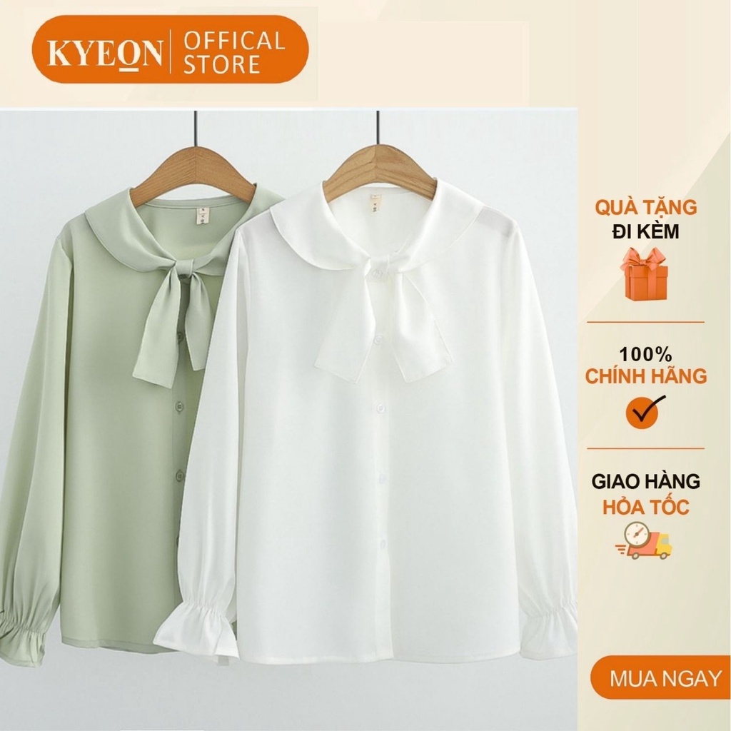 Áo sơ mi công sở cổ thắt nơ tay chun tiểu thư KYEON AK554, màu trắng, xanh, phom suông thanh lịch