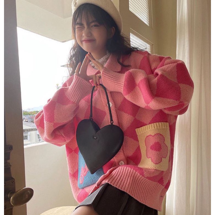 Sẵn - Cardigan Cute | Áo Khoác Len Cardigan Dáng Rộng Dày Dặn Họa Tiết Hình Thoi 2 Màu Hồng Xanh Nhẹ Nhàng Adelia Shop