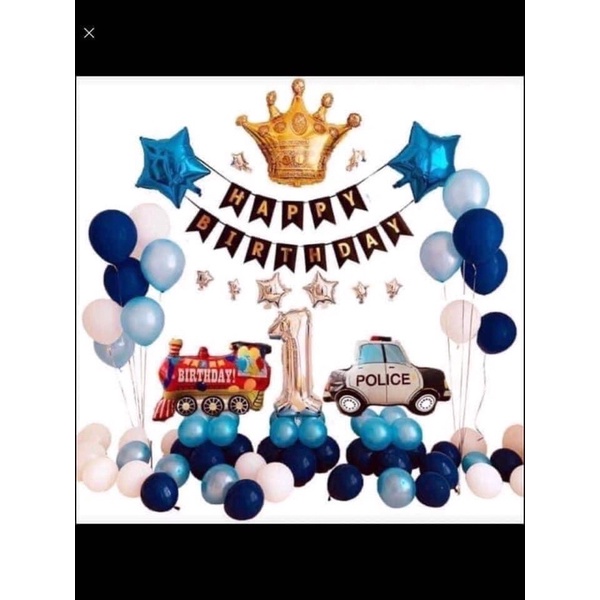 Set bong bóng phụ kiện trang trí sinh nhật, party cho bé trai, họa tiết xe cảnh sát, xe cứu hỏa