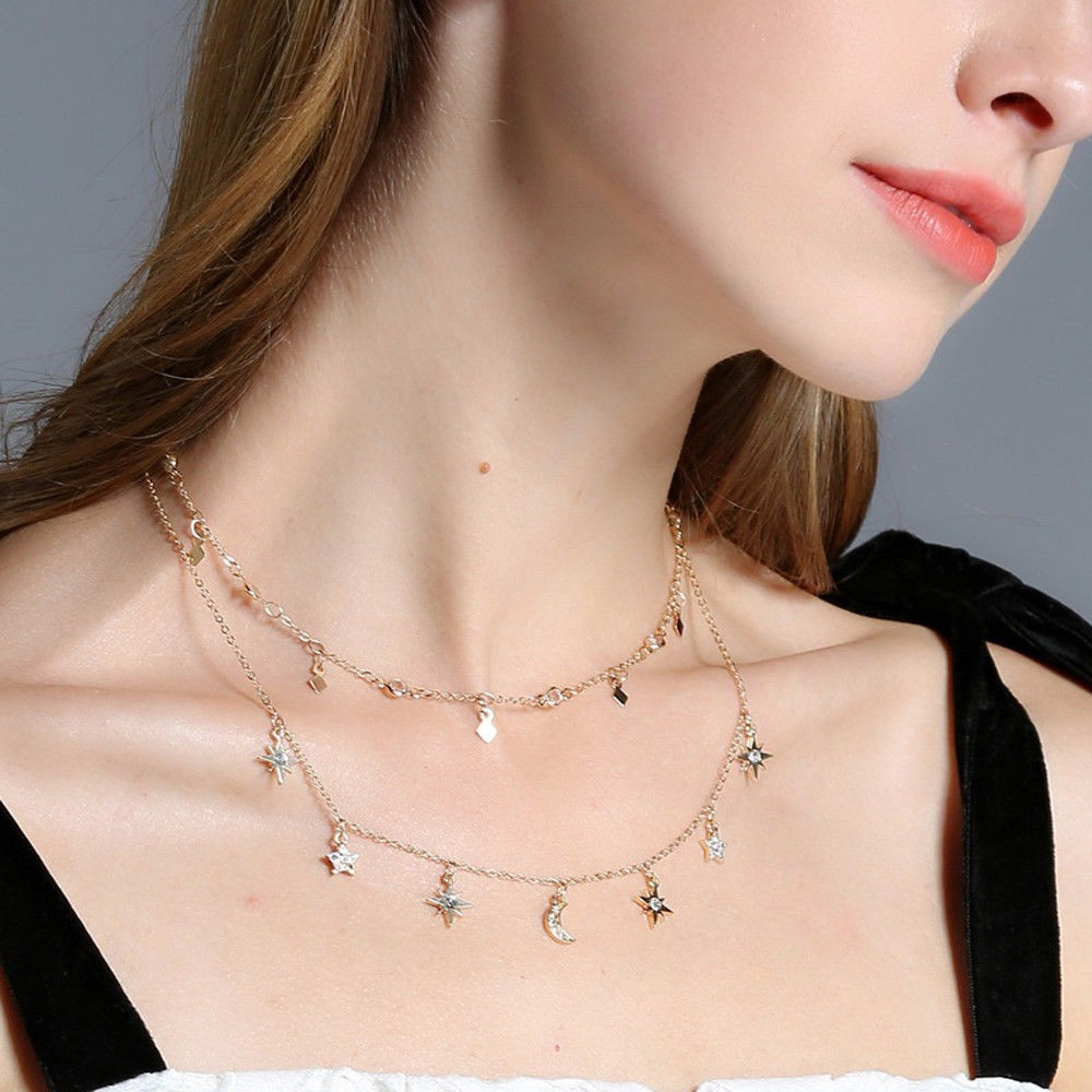 NEW  Multilayer Choker Necklace Star Moon Chain Gold Women Fashion Summer Jewelry