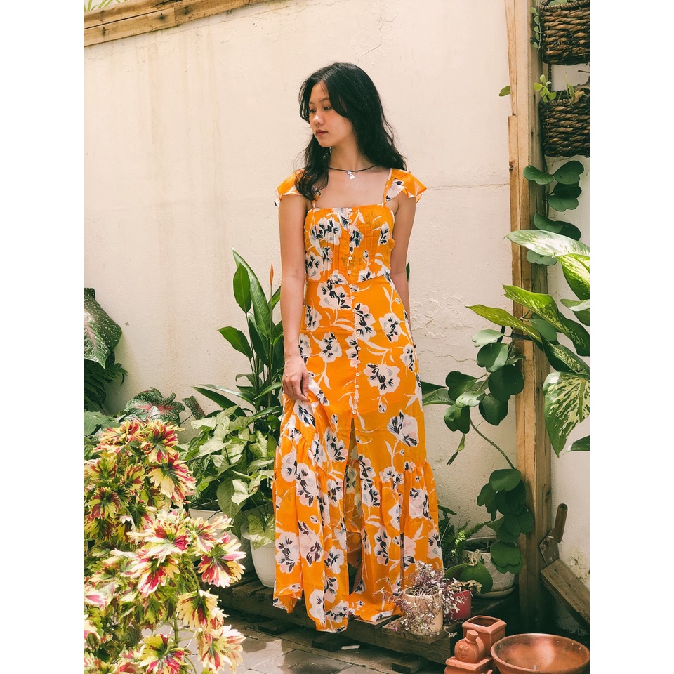 Đầm maxi đi biển dáng xòe tay cánh tiên chất vải voan hoa 2 lớp thời trang nhẹ nhàng vintage hàng xuất dư xịn