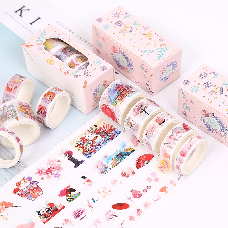 Set 4 cuộn băng dính hình đáng yêu trang trí sổ tay (Giao hình ngẫu nhiên) gồm bản 0.5cm/1cm/1.5cm/2cm/3cm