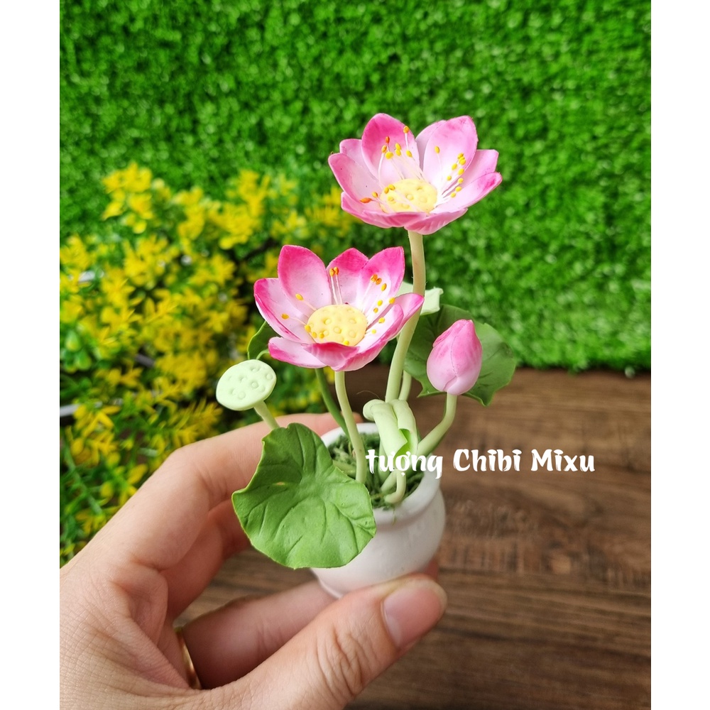 Bộ 03 chú tiểu Tam Không nhí áo xanh dương 7cm kèm chân đế và chậu hoa sen y hình