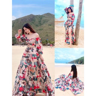 (miễn phí chỉnh váy) sét maxi áo trễ vai tay dài và chân váy xoè thổ cẩm đi du lịch hà giang sa mặc đà lạt