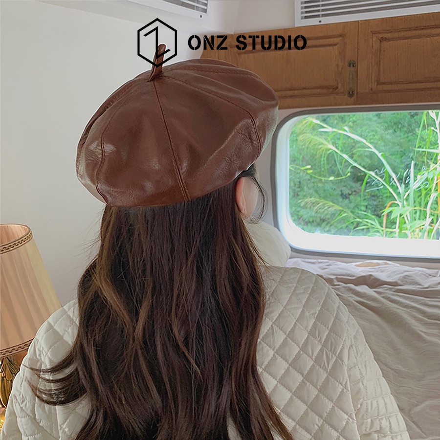 Mũ nồi beret nữ ONZ da PU cao cấp - Nón beret phong cách vintage Hàn Quốc nữ tính BR01