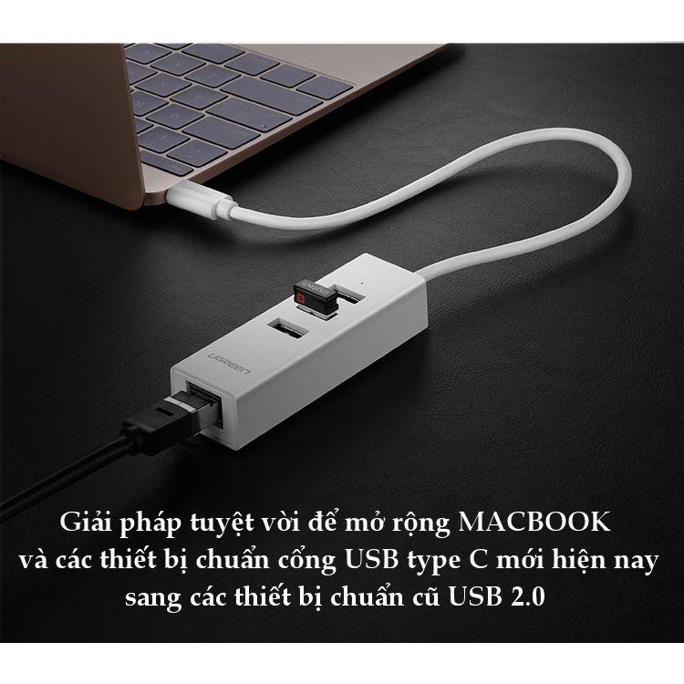 Cáp chuyển đổi USB type C sang Ethernet RJ45 + Hub 3 cổng USB 2.0 dài 30cm Ugreen 20792